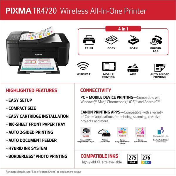 81NvpAvQGXL._AC_SL1500_ Canon PIXMA TR4720 Wireless All-in-One Printer for Home Office – Print, Copy, Scan, Fax, Auto Document Feeder, AirPrint, Black